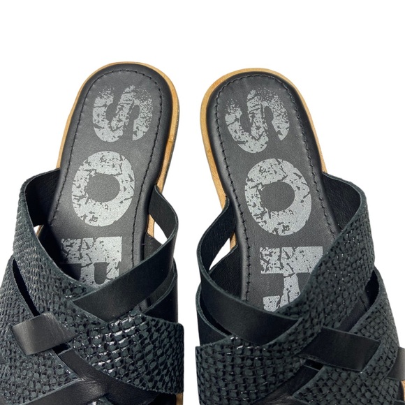 SOREL Ella Woven Leather Slide Sandals Flats Embossed Snakeskin Black 8 - Picture 4 of 9